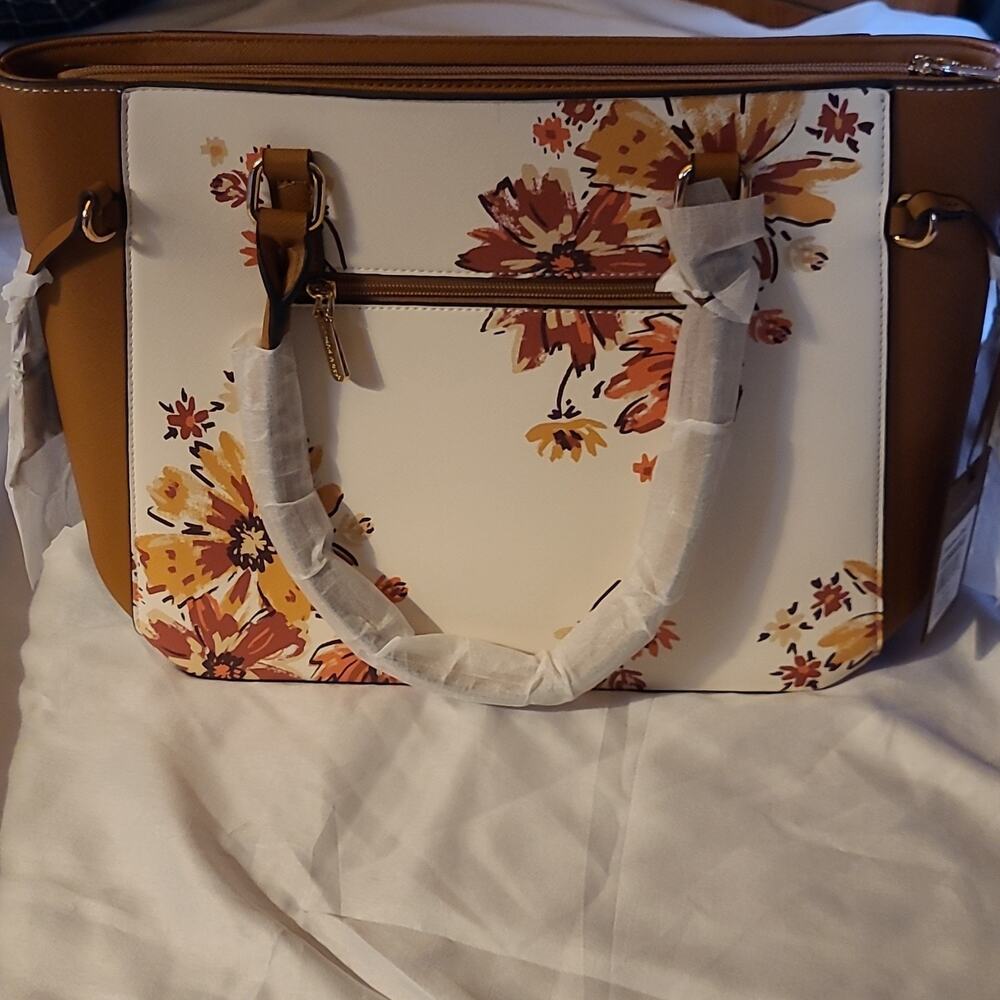 Montana West Brown White Floral Satchel Top Handle Zip Detachable Strap Gold